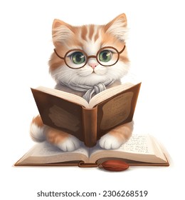 Cute baby cat wearing glasses reading notebook