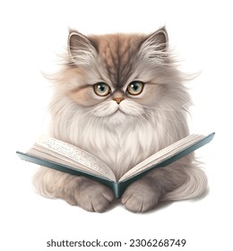 Cute baby cat wearing glasses reading notebook