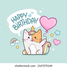 Cute baby Caticorn kitten or Cat Unicorn on happy birthday card template. Happy birthday card design with cute kawaii kitten. Unicorn cat with congratulations and a balloon in hand