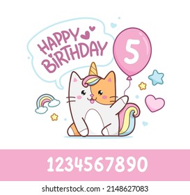 Cute baby Caticorn kitten or Cat Unicorn on 5 years happy birthday card template. Happy birthday card design with set of numders years. Unicorn cat with congratulations and a balloon in hand