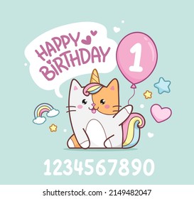 Cute baby Caticorn kitten or Cat Unicorn on 1 year happy birthday card template. Happy birthday card design with set of numders years. Unicorn cat with congratulations and a balloon in hand