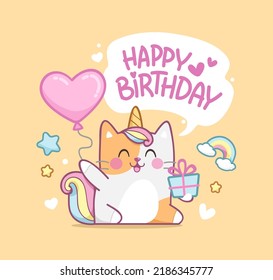 Cute baby Caticorn kitten Cat Unicorn happy birthday card template  Happy birthday card design and cute kawaii kitten  Unicorn cat and congratulations   gift box in hand