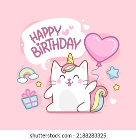 Cute baby Caticorn kitten or Cat Unicorn on happy birthday card template. Happy birthday card design with cute kawaii kitten. Unicorn cat with congratulations and a balloon in hand svg