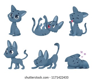 Cute baby cats. Funny little domestic animals toy kitten vector cartoon characters in various poses. Illustration of cat animal, kitten pet domestic