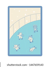 Cute baby cats are skating at the ice rink. flat design style minimal vector illustration.