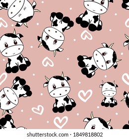 Cute baby caw pattern with dots and hearts on a warm pink background. Seamless pattern vector.