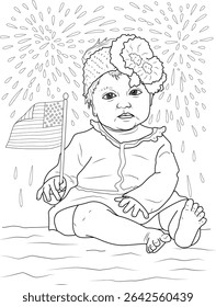 Cute Baby Celebrating American Independence Day with Flag and Fireworks, Black and white line art illustration of an adorable baby sitting and holding a small American flag, with celebratory