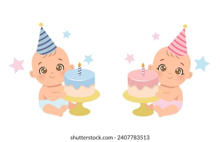 Cute baby celebrating first birthday with a cake.