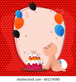 Cute baby celebrating his Birthday with Cake. Celebration background with colorful flying balloons.