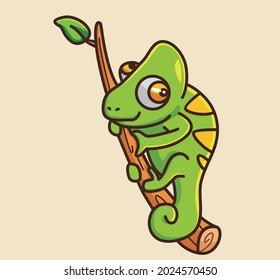 Cute baby chameleon stay on tree branch. Animal Isolated Cartoon Flat Style Sticker Web Design Icon illustration Premium Vector Logo mascot
