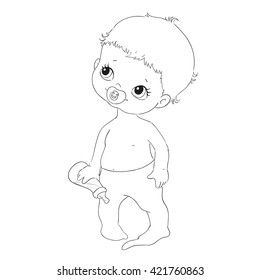 Cute baby character. Baby with bottle. Vector for coloring book. Doodle illustration.