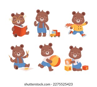 Cute baby character in differents activities set. Funny bear reading book, playing toys, skating and drawing cartoon vector illustration