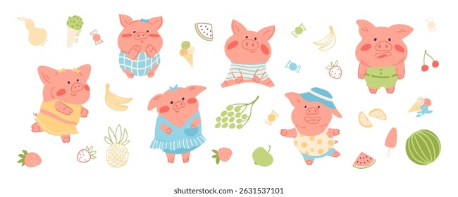 Cute baby character with funny pigs and fruits collection set for greeting card design, congratulation and invitation postcard creation. Adorable summer vector Illustration collection