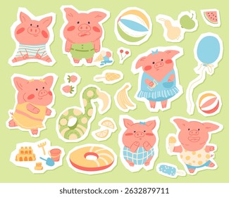 Cute baby character with funny vacationer pigs collection set for greeting card design, congratulation and invitation postcard creation. Adorable vector Illustration collection