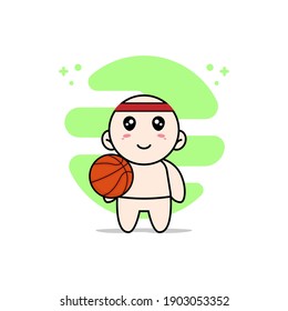 Cute baby character holding a basket ball. Mascot design concept