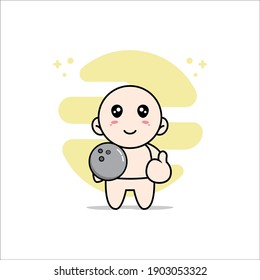 Cute baby character holding a bowling ball. Mascot design concept