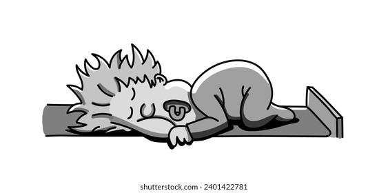 Cute baby character sleeping peacefully in bed with a pacifier. Black and white gray scale cartoon style vector illustration on white background.