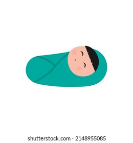 Cute baby character in swaddle on white background.