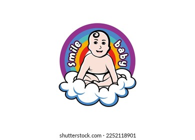 Cute baby character vector design smiling on a cloud with a rainbow background