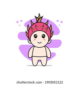 Cute baby character wearing Dragon fruit costume. Mascot design concept