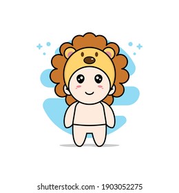 Cute baby character wearing lion costume. Mascot design concept