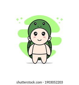 Cute baby character wearing turtle costume. Mascot design concept