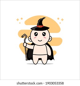 Cute baby character wearing witch costume. Mascot design concept