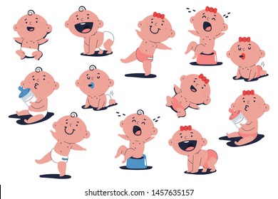 Cute baby characters set. Vector cartoon boys and girls toddlers isolated on white background.