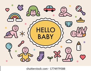 Cute Baby Characters And Baby Supplies Icons In Various Poses. Flat Design Style Minimal Vector Illustration.