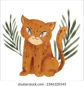 Cute baby cheetah among leaves Vector, Watercolor. Printable colorful postcard, invitation, poster, sticker, baby shower elements