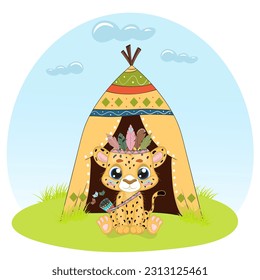 Cute baby cheetah boho style illustration. Cartoon style character. Happy baby cheetah, Perfect illustration for t-shirt wear, print design, greeting card, baby shower, party invitation
