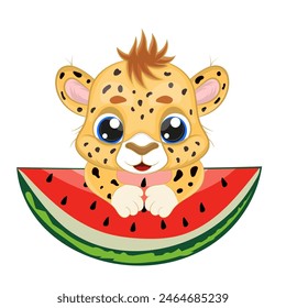 Cute baby cheetah with a large slice of ripe watermelon. Suitable baby cheetah illlustration for children's books, educational materials