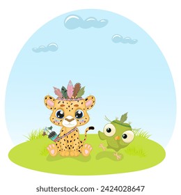 Cute baby cheetah and little owl, Childish style vector characters. Happy baby cheetah and owl, Perfect illustration for t-shirt wear fashion print design, greeting card, party invitation 