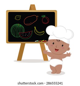 Cute baby chef. Baby boy with board. Little baby chef showing fruits drawings.