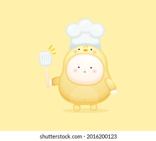 Cute baby chef in chicks costume. Mascot cartoon illustration Premium Vector