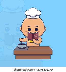 Cute baby chef cooking while looking at the recipe book