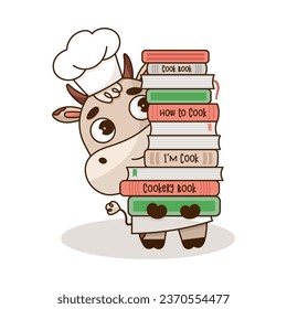 Cute baby chef cow holding cookbooks. Little cow cook mascot character. Cartoon vector illustration