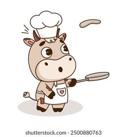 Cute baby chef cow preparing pancake in a frying pan. Kawaii little cow cook mascot character. Cartoon vector illustration