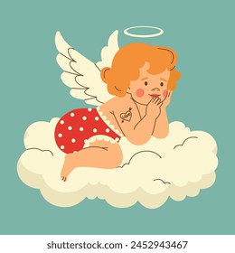 Cute baby cherub with wings flying on the cloud. Little cupid with heart and tattoo in trendy retro style. Romantic print, Valentine's day print.