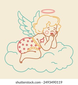Cute baby cherub with wings flying on the cloud. Little cupid with heart and tattoo in trendy retro style. Romantic print, Valentine's day print.
