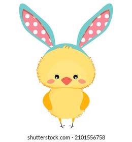 Cute baby chick with bunny ears. Easter vector illustration.