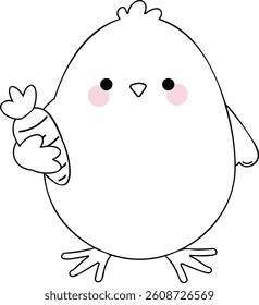Cute baby chick with carrot - cartoon chicken outline coloring page for kids, Easter spring activity, farm animal vector illustration.  Simple outline design, ready to print or color digitally