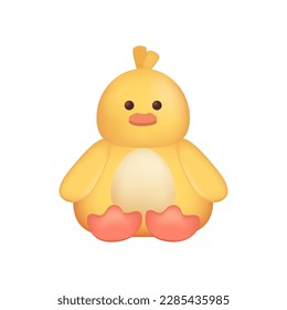 Cute baby chick character as kids toy 3D illustration. Cartoon drawing of adorable yellow domestic bird as mascot or gift in 3D style on white background. Wildlife, childhood, farming concept