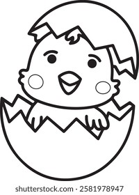 Cute Baby Chick in Cracked Egg - Adorable Easter Coloring Page for Kids, photography, standing, color image, meat, poultry, rooster, springtime, cockerel, domestic animals, easter egg, illustration