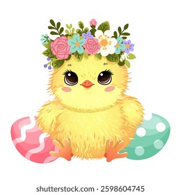 Cute baby chick in flower crown with Easter eggs, ideal for festive greeting cards and spring themes