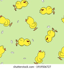 Cute baby chick and flowers seamless pattern.