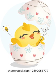 Cute Baby Chick Hatching from an Easter Egg with Spring Flowers and Honey Bee. Cartoon Holiday Illustration.