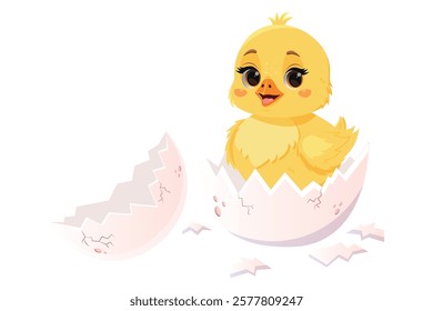 Cute baby chick hatching from the egg. Vector newborn little chick character. Easter chicken with cracked shell egg. Baby chick mascot