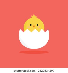 Cute baby chick hatching from an egg on a red background. Simple, flat vector illustration perfect for Easter, spring themes, children's content, and educational materials.