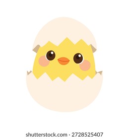 Cute baby chick hatching from eggshell. Sweet Easter chicken character just born. Flat vector illustration isolated on white background.